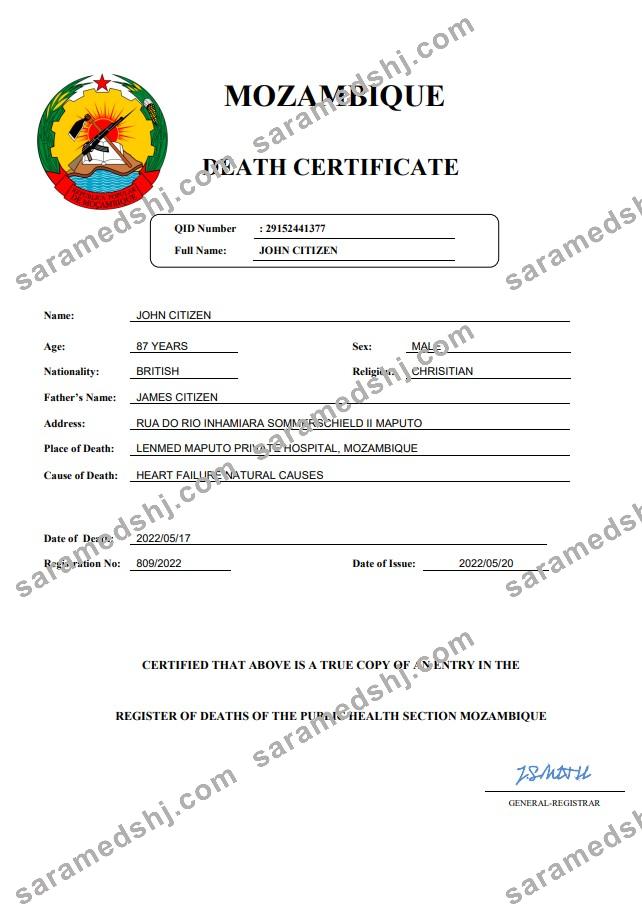 Mozambique vital record death certificate Word and PDF template